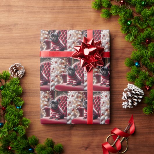 赤いチェアフランスのにクリスマスのブルドッグ ラッピングペーパー (クリスマスギフト)