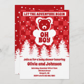 赤いチェッカーボード赤いシャワーを持つ男の子 招待状 (正面/裏面)