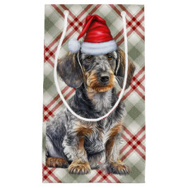 赤いチェックのクリスマスにワイヤーヘアードダックスフント スモールペーパーバッグ