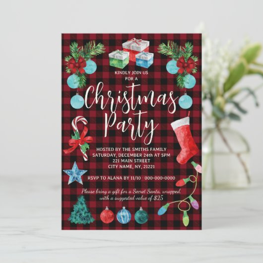 赤いチェックのクリスマスパーティー 招待状 (スタンド正面)
