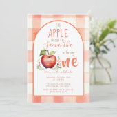 赤いチェックのリンゴの水彩画 1歳の誕生日 招待状 (スタンド正面)