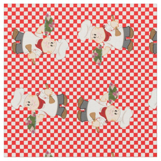 赤いチェックの背景のかわいいシェフ ファブリック (クローズアップ)