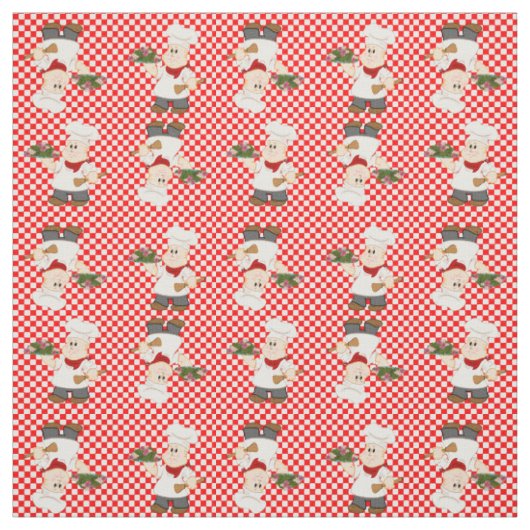 赤いチェックの背景のかわいいシェフ ファブリック (見本)