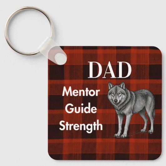赤いチェック柄のオオカミ Dad Mentor Guide Strength & Heart キーホルダー (正面)