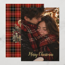 赤いチェック柄のカップル写真 クリスマスカード