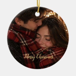 赤いチェック柄のカップル写真 クリスマスカード セラミックオーナメント