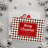赤いチェック柄のクリスマス筆記体フォト シーズンカード