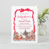 赤いチェック柄のジンジャーブレッド ベイビーシャワー 招待状 (スタンド正面)