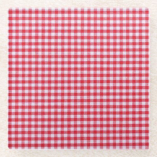 赤いチェック柄のテーブルクローズアップ ガラスコースター (正面)