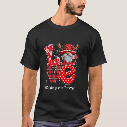 赤いチェック柄のノーム 愛する幼稚園の先生 クリスマス Tシャツ (正面)