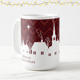 赤いチェック柄の田舎風クリスマスビレッジのニット柄  コーヒーマグカップ