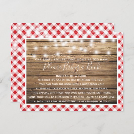 赤いチェック柄の素朴な木の赤ちゃんシャワー本カード インビテーションポストカード (正面/裏面)