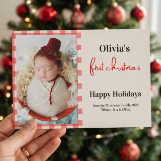赤いチェック柄の赤ちゃんの初めてのクリスマスの写真 招待状