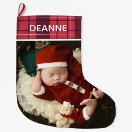 赤いチェック柄 赤ちゃんの初めてのクリスマス 1枚の写真  ラージクリスマスストッキング