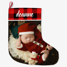 赤いチェック柄 赤ちゃんの初めてのクリスマス 1枚の写真  ラージクリスマスストッキング