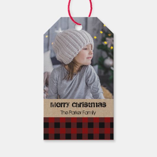 赤いチェック格子写真素朴クリスマス ギフトタグ (正面)