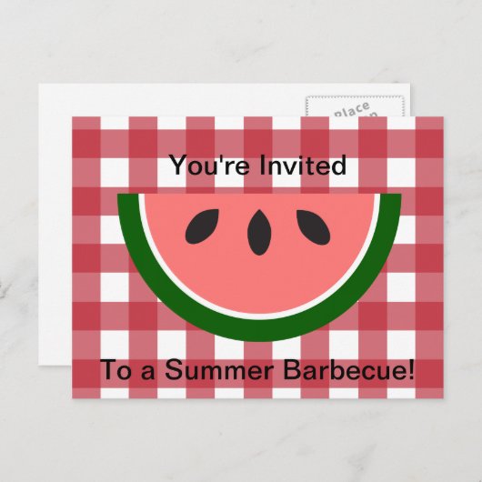 赤いチェック模様のテーブルクロスのスイカの招待状 インビテーションポストカード (正面/裏面)