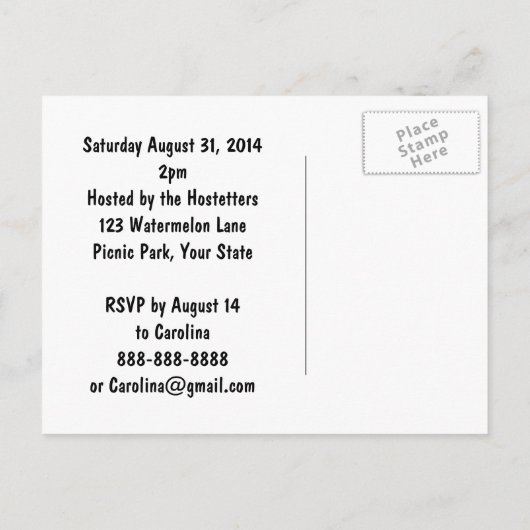 赤いチェック模様のテーブルクロスのスイカの招待状 インビテーションポストカード (裏面)