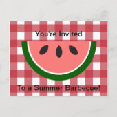 赤いチェック模様のテーブルクロスのスイカの招待状 インビテーションポストカード (正面)