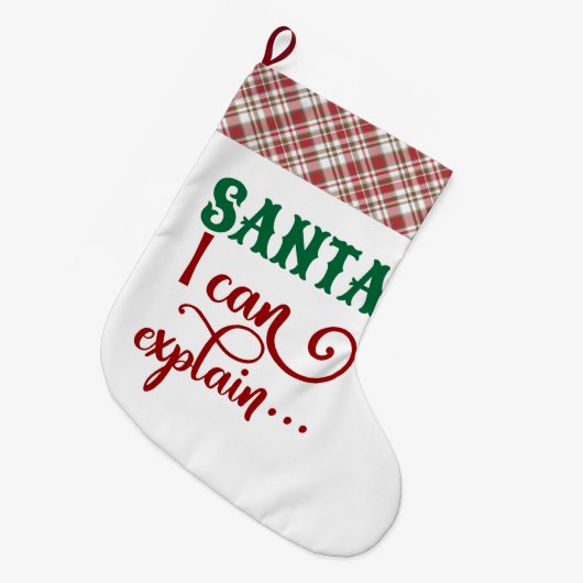 赤いチェック模様のトリムサンタ私はストッキングを説明してもいいです ラージクリスマスストッキング (正面 (吊り時))