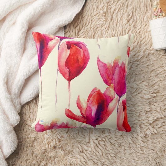赤いチューリップによっては水彩画が開花します クッション (ブランケット)
