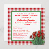 赤いチューリップのギンガムによって点検されるブライダルシャワーの昼食会 招待状 (正面/裏面)