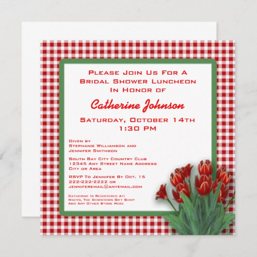 赤いチューリップのギンガムによって点検されるブライダルシャワーの昼食会 招待状 (正面/裏面)