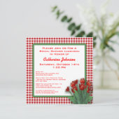 赤いチューリップのギンガムチェックのウェディングシャワーランチョン 招待状 (スタンド正面)