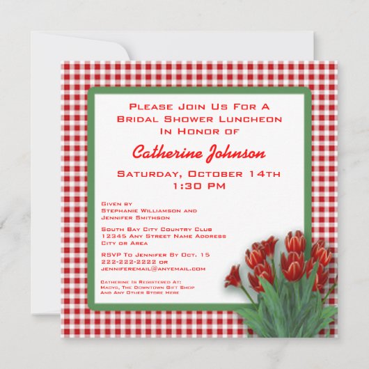 赤いチューリップのギンガムチェックのウェディングシャワーランチョン 招待状 (正面)