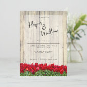 赤いチューリップの咲く農村の納屋での結婚式 招待状 (スタンド正面)