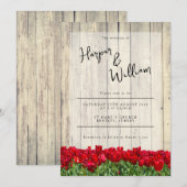 赤いチューリップの咲く農村の納屋での結婚式 招待状 (正面/裏面)