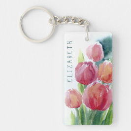赤いチューリップの水彩春開花キーチェーン キーホルダー