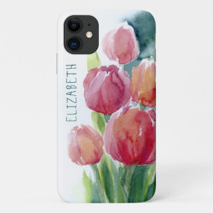 赤いチューリップの水彩春開花 iPhone 11 ケース