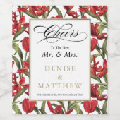 赤いチューリップの水彩花モチーフに金文字 ワインラベル (シングルラベル)