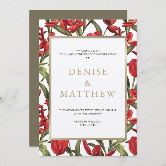 赤いチューリップの水彩花モチーフに金文字 招待状 (正面/裏面)