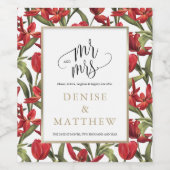 赤いチューリップの水彩花卉 ゴールドの文字が入ったデザイン ワインラベル (シングルラベル)