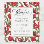 赤いチューリップの水彩花模様に金文字 ワインラベル (シングルラベル)