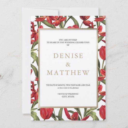赤いチューリップの水彩花模様に金文字 招待状 (正面)