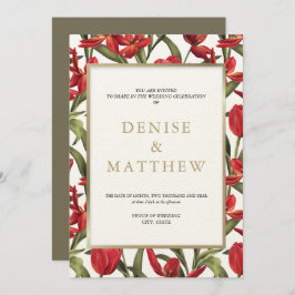 赤いチューリップの水彩花模様に金文字 招待状