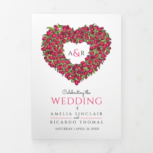 赤いチューリップハートインクアート愛の物語の結婚写真 三つ折りプログラム (カバー)