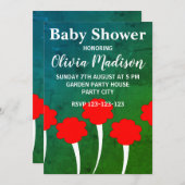 赤いチューリップフラワーベビーガールベビーシャワー 招待状 (正面/裏面)