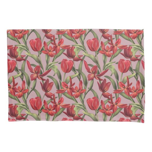 赤いチューリップ付きゼフィールピンクの背景 枕カバー (正面)