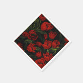 赤いチューリップ付きブラック スタンダードカクテルナプキン (角)