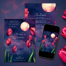 赤いチューリップ満月と星が一結婚の 招待状