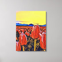 赤いチューリップ絵画フィールドの引き伸ばしキャンバス