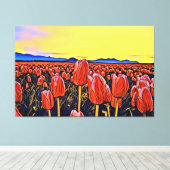 赤いチューリップ絵画フィールドの引き伸ばしキャンバス キャンバスプリント (インサイチュ (ウッドフロア))