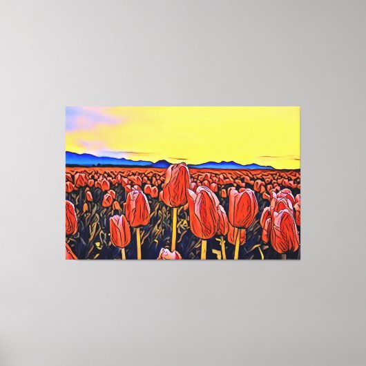 赤いチューリップ絵画フィールドの引き伸ばしキャンバス キャンバスプリント (正面)