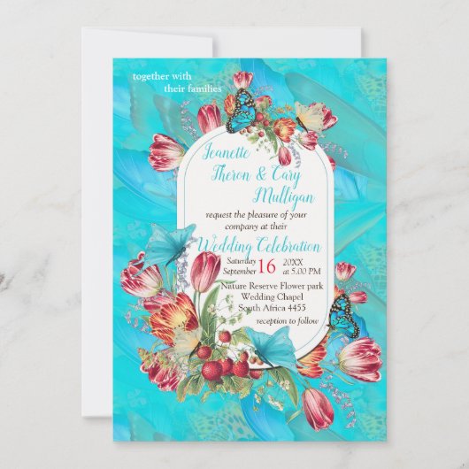 赤いチューリップ&訪問&蝶を訪問。 招待状 (正面)