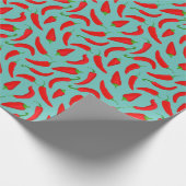 赤いチリエスパターンティール（緑がかった色）ブルー ラッピングペーパー (角)