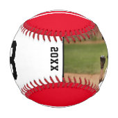 赤いチーム名プレーヤー番号写真 野球ボール (裏面)